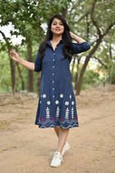 Denim blue hand embroidered cotton midi-dress