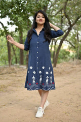 Denim blue hand embroidered cotton midi-dress