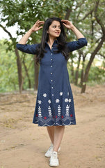 Denim blue hand embroidered cotton midi-dress
