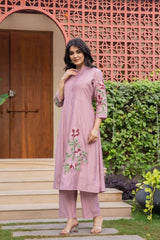 Pure cotton pleated pattern embroidered kurti-pant set