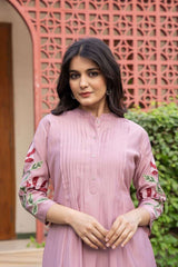 Pure cotton pleated pattern embroidered kurti-pant set