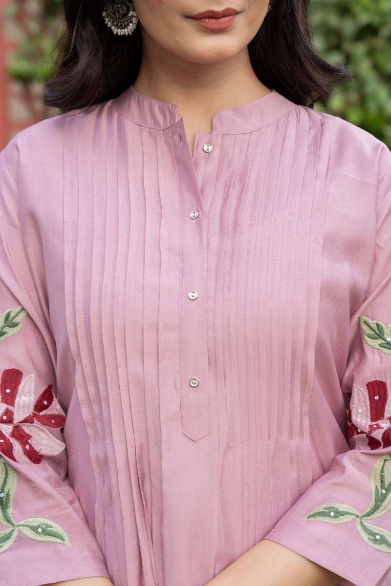 Pure cotton pleated pattern embroidered kurti-pant set