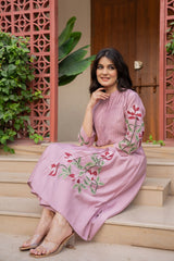 Pure cotton pleated pattern embroidered kurti-pant set