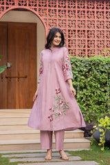 Pure cotton pleated pattern embroidered kurti-pant set