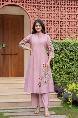 Pure cotton pleated pattern embroidered kurti-pant set