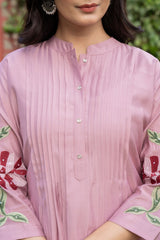 Pure cotton pleated pattern embroidered kurti-pant set