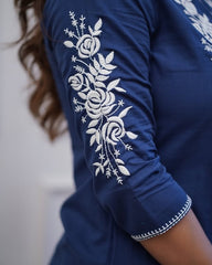 Beautiful everyday front and back embroidered cotton kurti-pant set