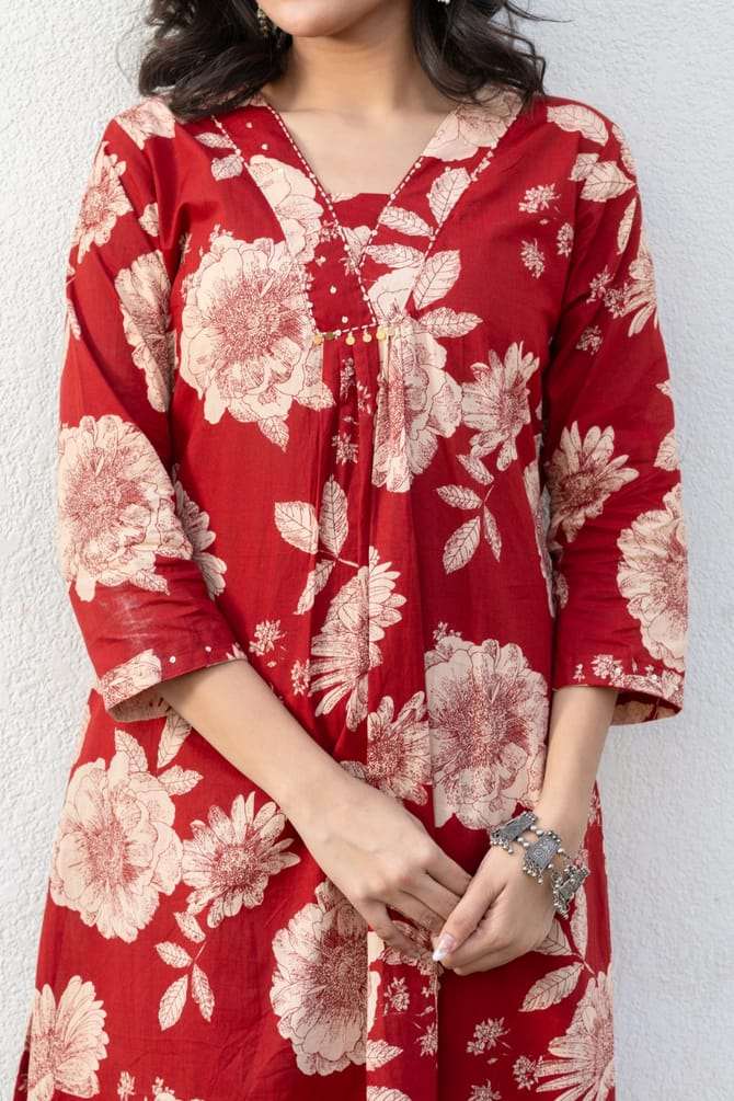 Beautiful red floral cotton A-line co-ord set