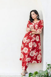 Beautiful red floral cotton A-line co-ord set