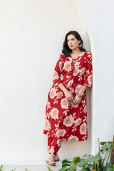 Beautiful red floral cotton A-line co-ord set
