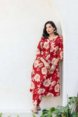 Beautiful red floral cotton A-line co-ord set Eraya