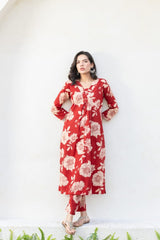 Beautiful red floral cotton A-line co-ord set