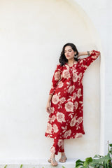 Beautiful red floral cotton A-line co-ord set