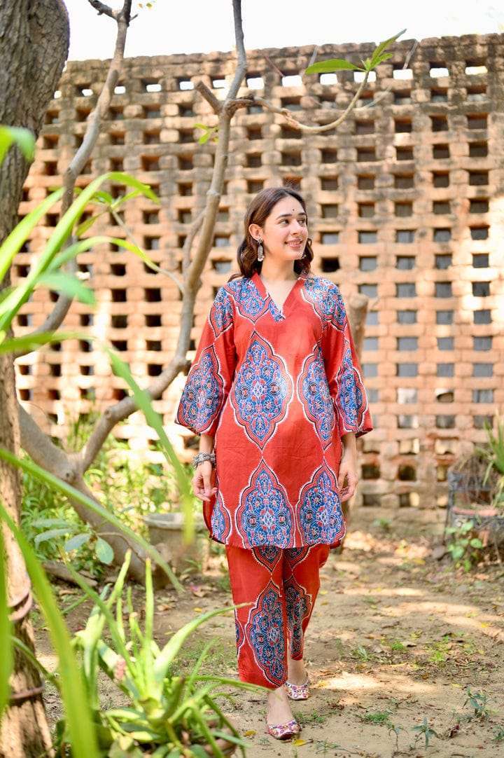 Beautiful azure red cotton co-ord set