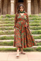 English green full flared cotton anarkali set