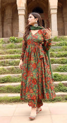 English green full flared cotton anarkali set