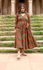 English green full flared cotton anarkali set