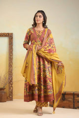 Mustard yellow front knot jaipuri print anarkali set