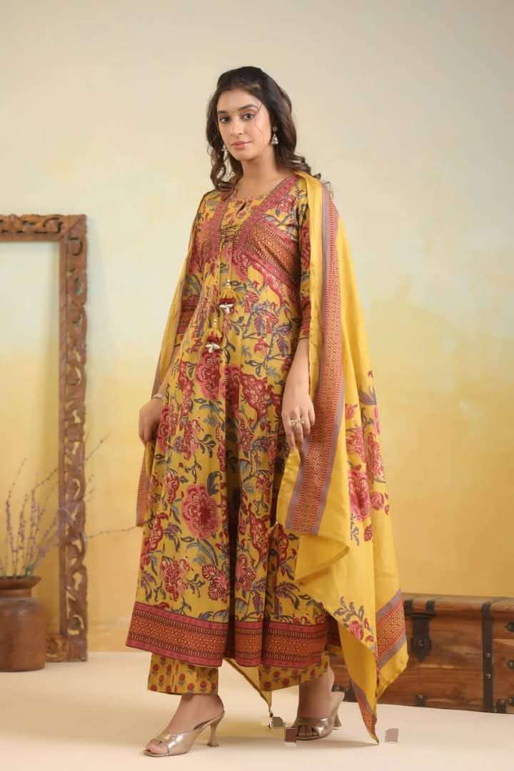 Mustard yellow front knot jaipuri print anarkali set Eraya