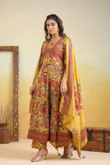Mustard yellow front knot jaipuri print anarkali set