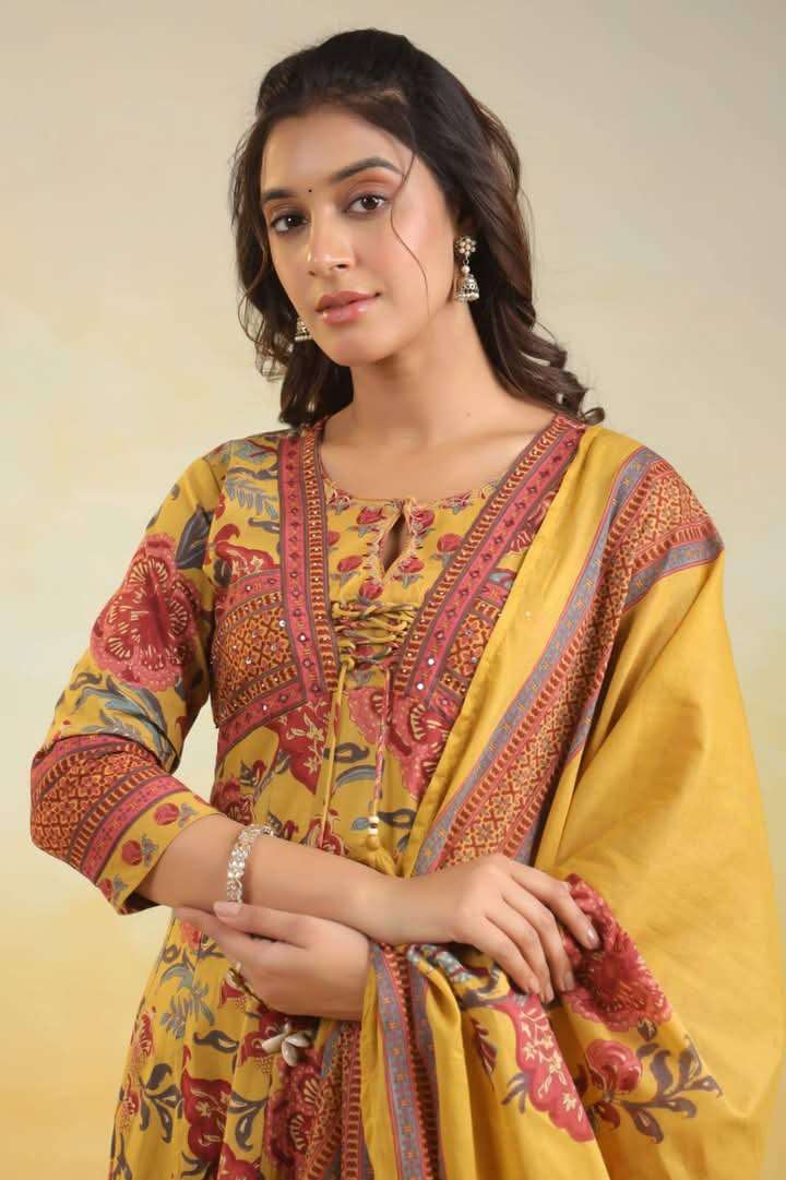 Mustard yellow front knot jaipuri print anarkali set Eraya