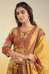 Mustard yellow front knot jaipuri print anarkali set