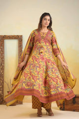 Mustard yellow front knot jaipuri print anarkali set