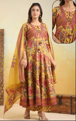 Mustard yellow front knot jaipuri print anarkali set