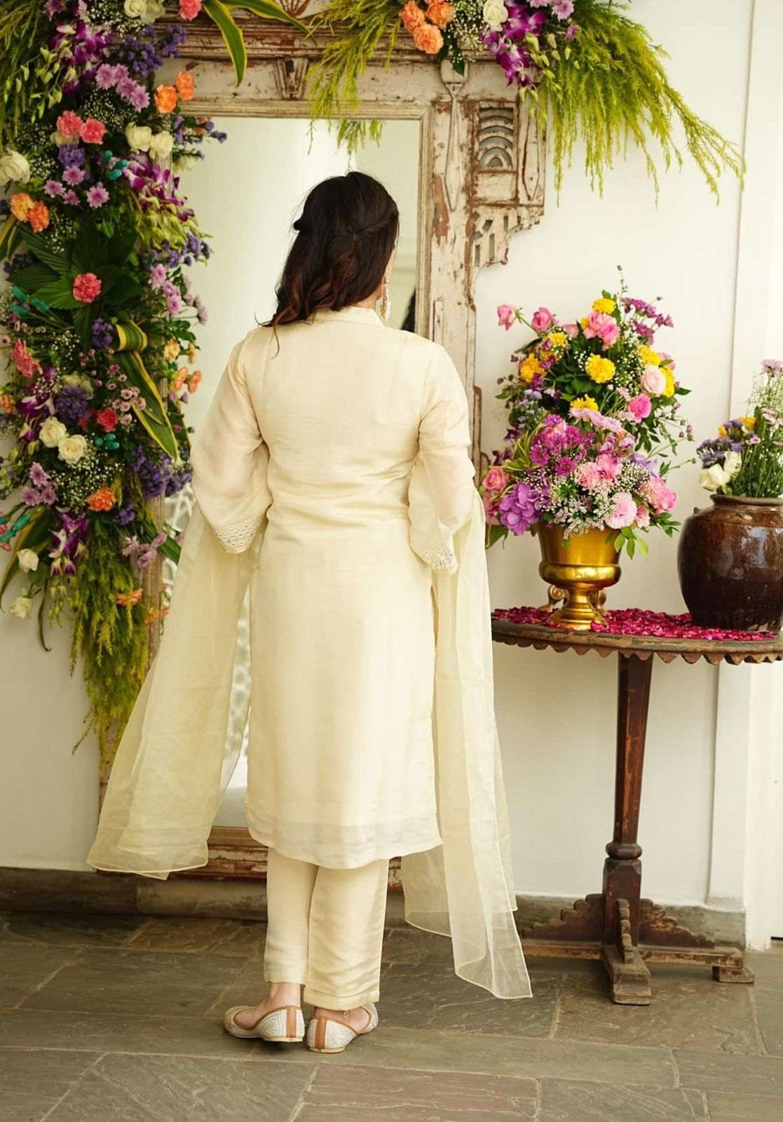 Beautiful pure chanderi fabric neck mirror work suit set