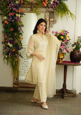 Beautiful pure chanderi fabric neck mirror work suit set