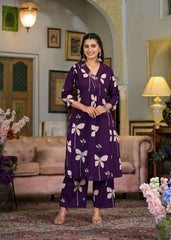 Cotton V-neck printed with embroidery work kurta pant set