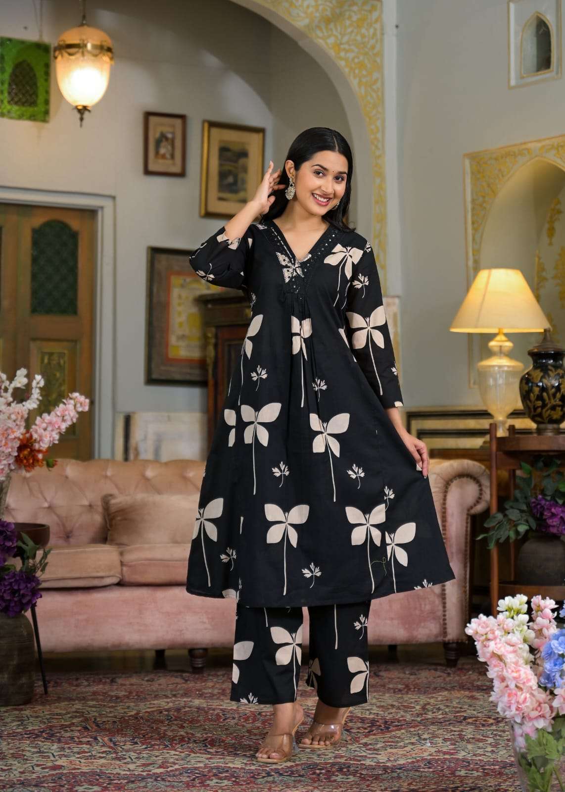 Cotton V-neck printed with embroidery work kurta pant set