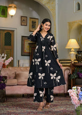 Cotton V-neck printed with embroidery work kurta pant set