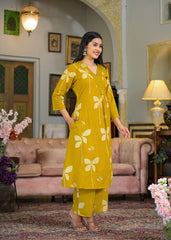 Cotton V-neck printed with embroidery work kurta pant set