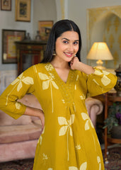 Cotton V-neck printed with embroidery work kurta pant set