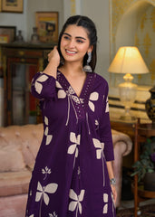 Cotton V-neck printed with embroidery work kurta pant set