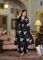 Cotton V-neck printed with embroidery work kurta pant set