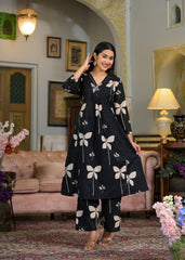 Cotton V-neck printed with embroidery work kurta pant set