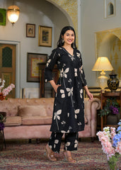 Cotton V-neck printed with embroidery work kurta pant set