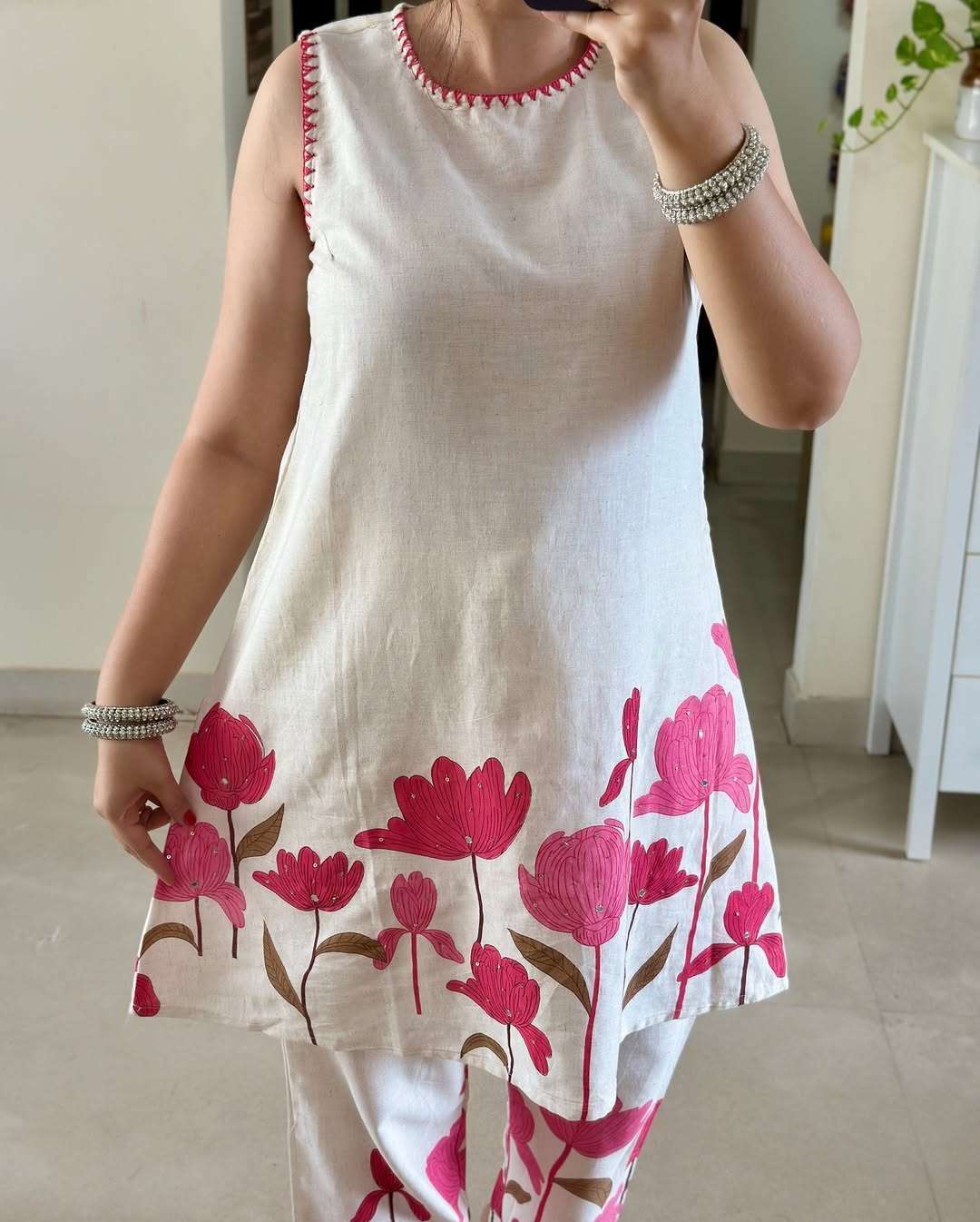 Cotton flex floral printed sleeveless co-ord set