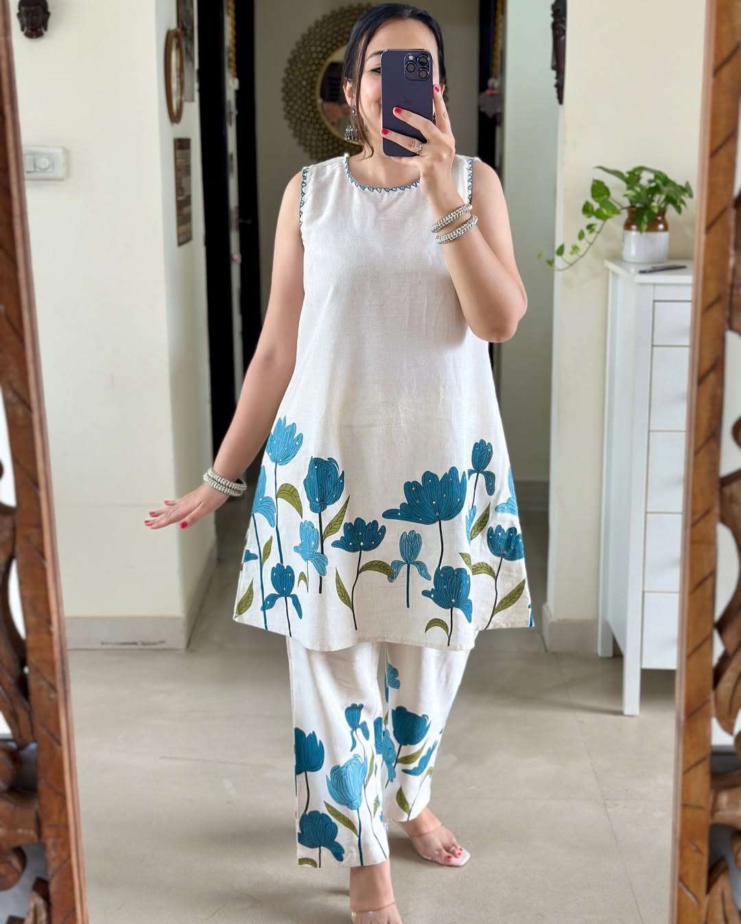 Cotton flex floral printed sleeveless co-ord set