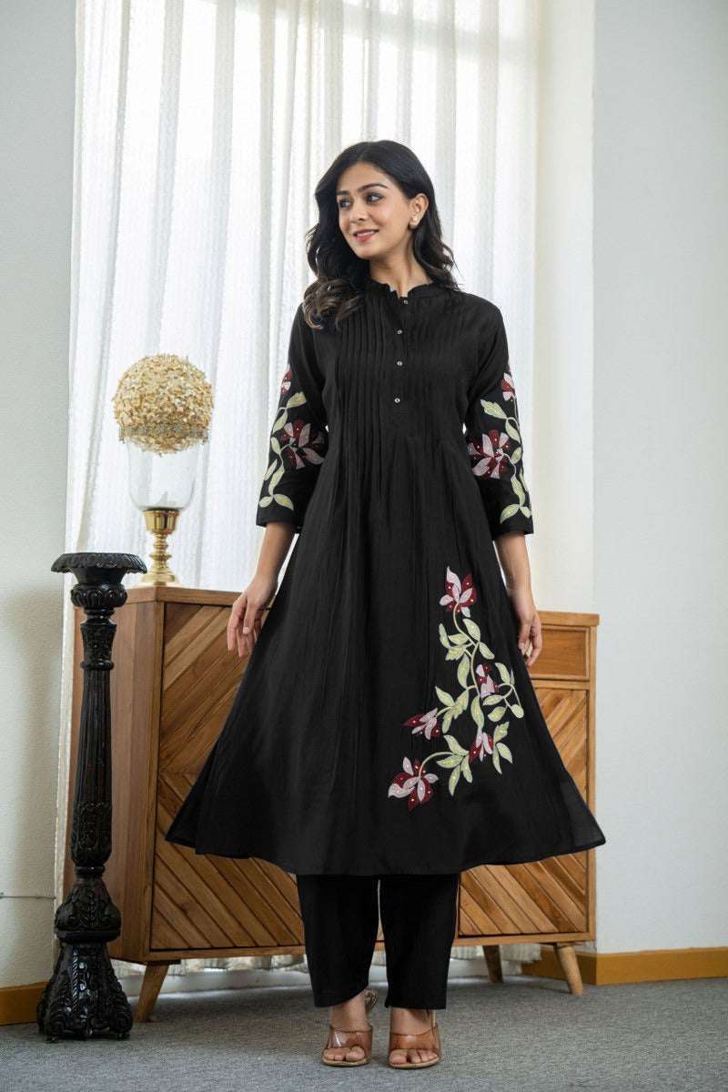 Beautiful design embroidery work long kurta-pant set
