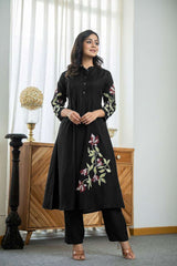 Beautiful design embroidery work long kurta-pant set