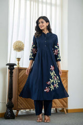 Beautiful design embroidery work long kurta-pant set