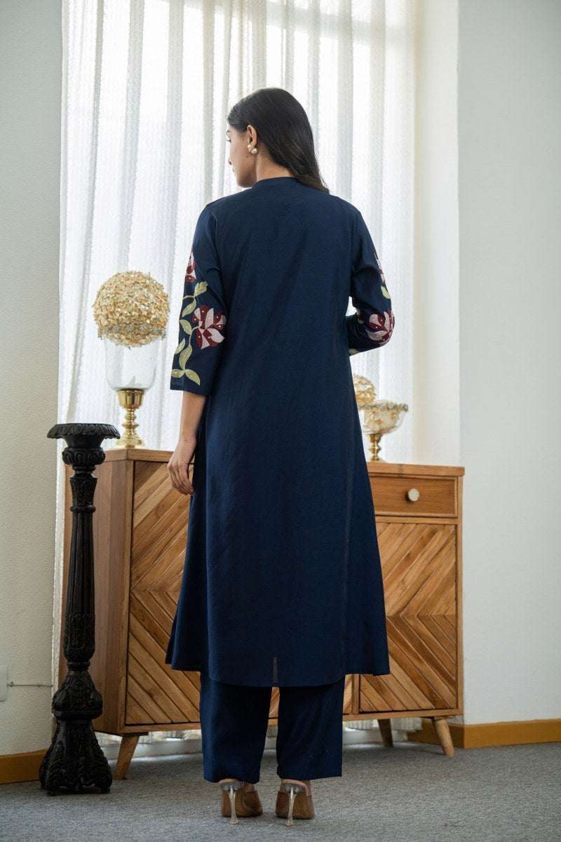 Beautiful design embroidery work long kurta-pant set