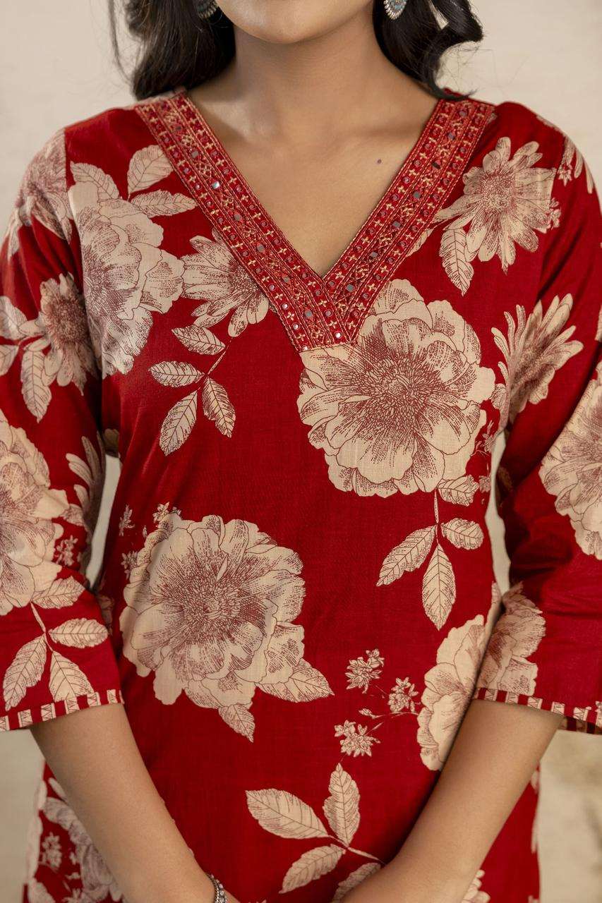 Pure cotton v-neck kurta-pant and dupatta set