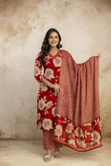 Pure cotton v-neck kurta-pant and dupatta set