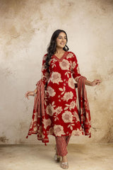 Pure cotton v-neck kurta-pant and dupatta set