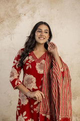 Pure cotton v-neck kurta-pant and dupatta set