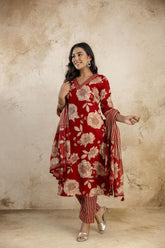 Pure cotton v-neck kurta-pant and dupatta set